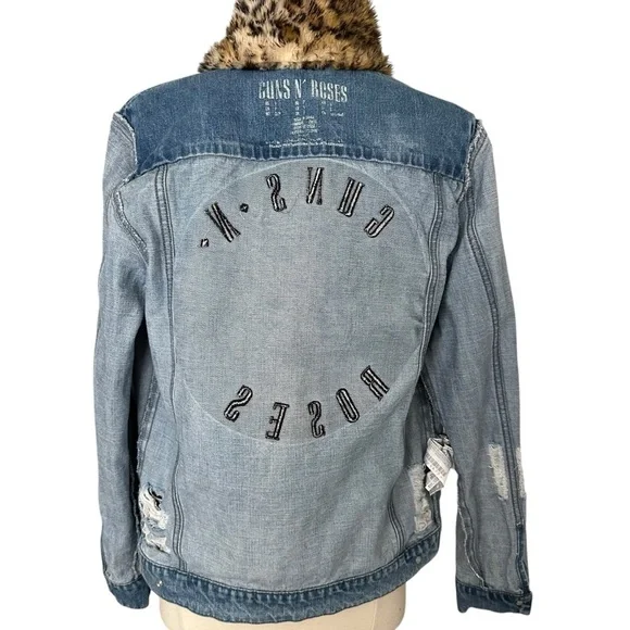 Guns N’ Roses Distressed Denim Trucker Band Jacket Leopard Faux Fur Collar M - Picture 10 of 15